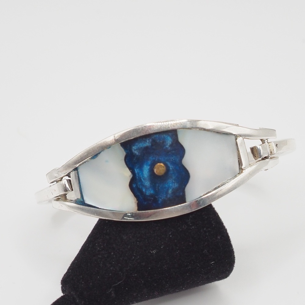 Bangle Bracelet Evil Eye Blue White Shell Inlay 925 Sterling Silver Hinged Cuff